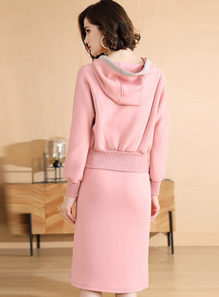 Casual Solid Color Hooded Sweatshirt & Bodycon Skirt