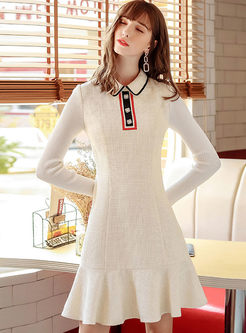 White Lapel Long Sleeve Sweater Dress