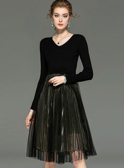 Black Slim Knitted Patchwork Mesh Dress