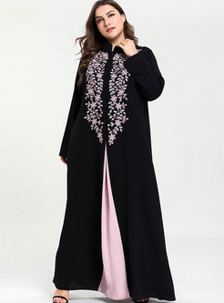 Plus Size Embroidered Patchwork Slit Maxi Dress