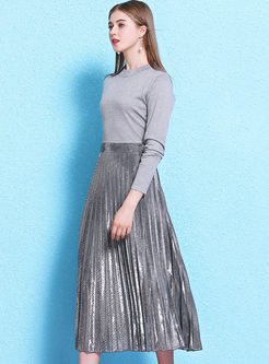 Grey Knitted Slim Patchwork Pleated Midi Dress