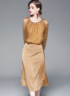 O-neck Lantern Sleeve Dot Blouse & Midi Skirt