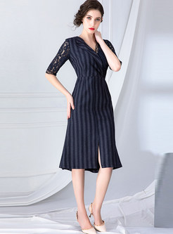Work V-neck Lace Patchwork Striped Hip Dress