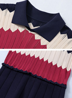 Lapel Half Sleeve Color-blocked Thin Knit Dress