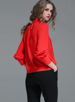 Red Stand Collar Long Sleeve Pullover Chiffon Blouse