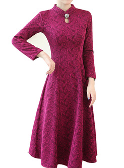 Solid Color Jacquard Stand Collar A-Line Dresses