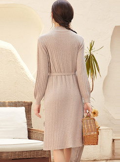 Solid Color Stand Collar Pleated Tie Waist Knit Dress