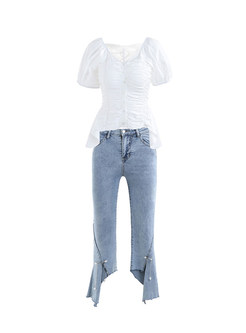 Pleated Irregular Blouse & Irregular Bodycon Denim Pants