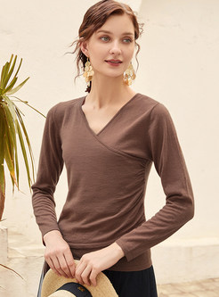 Brown V-neck Long Sleeve T-shirt