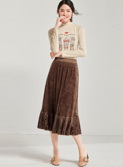 Elastic Waist Falbala Velvet Skirt