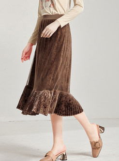 Elastic Waist Falbala Velvet Skirt
