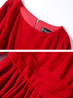 Retro Red Lantern Sleeve A Line Dress