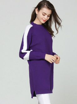Color-blocked Pullover Slit Long Sweater