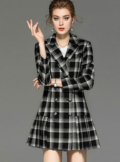 Notched Plaid Double-breasted Skater Dress