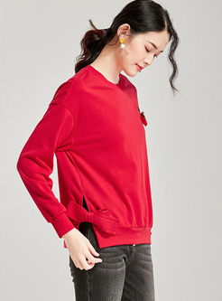 Red O-neck Pullover Bowknot Sweatshirt