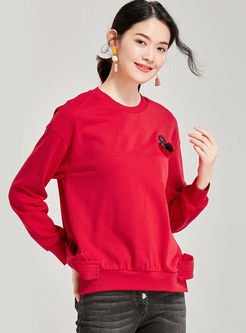 Red O-neck Pullover Bowknot Sweatshirt