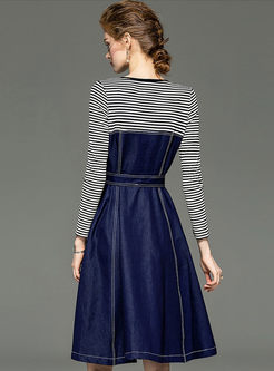 Long Sleeve Striped Patchwork Denim Dress