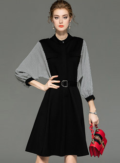 Stand Collar Plaid Patchwork Belted A Line Dress