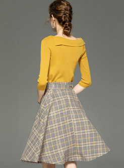 Slash Collar Thin Top & Inelastic Waist Plaid Skirt