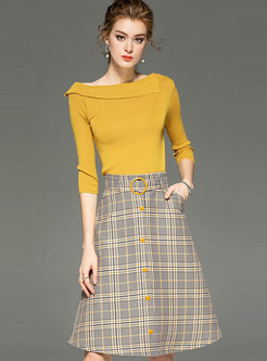 Slash Collar Thin Top & Inelastic Waist Plaid Skirt