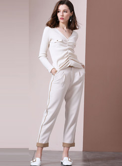 Patchwork Inelastic Loose Tapered Pants With Belt