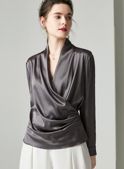 V-neck Long Sleeve Pleated Pullover Silk Blouse