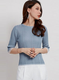 Blue O-neck Half Sleeve Slim Sweater