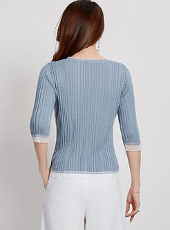 Blue O-neck Half Sleeve Slim Sweater