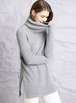 Brief Solid Color Turtleneck Slit Sweater