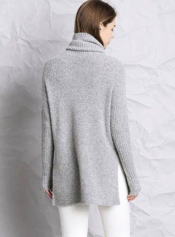 Brief Solid Color Turtleneck Slit Sweater