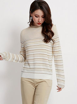 Standing Collar Striped Slim Sweater