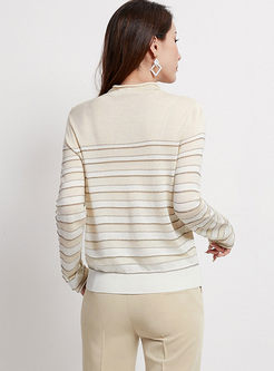 Standing Collar Striped Slim Sweater