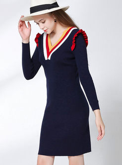 V-neck Falbala Bodycon Sweater Dress