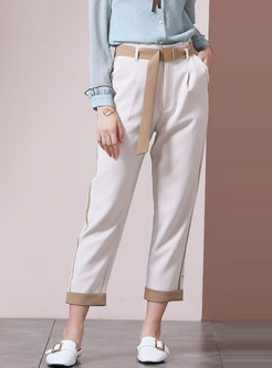 Patchwork Inelastic Loose Tapered Pants With Belt