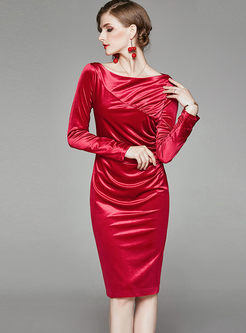Red O-neck 3/4 Sleeve Velvet Bodycon Dress