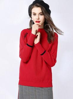 Red Standing Collar Pullover Loose Sweater