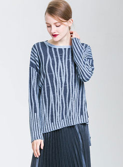 Casual O-neck Striped Slit Sweater