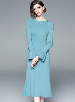 Solid Color Flare Sleeve Sweater Dress
