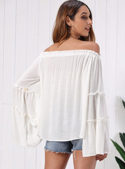 Solid Color Slash Collar Flare Sleeve Loose Blouse