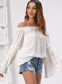 Solid Color Slash Collar Flare Sleeve Loose Blouse