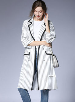 Notched Collar Striped Long Sleeve Trench Coat