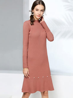 Solid Color Beading Slim Sweater Dress