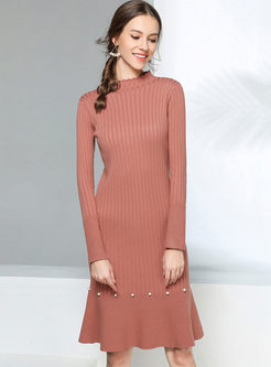 Solid Color Beading Slim Sweater Dress