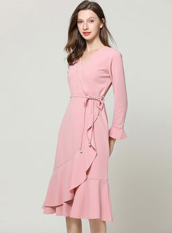 Pink V-neck Falbala Slim Wrap Dress