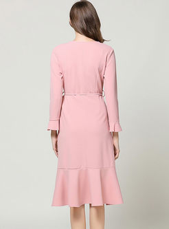 Pink V-neck Falbala Slim Wrap Dress