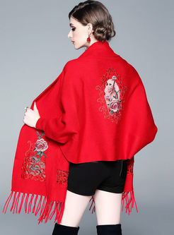 Red Long Sleeve Embroidered Tassel Cardigan