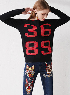 Color-blocked Patchwork Letter Pullover Sweater