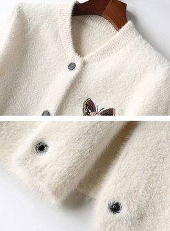 White V-neck Embroidered Zip-up Sweater