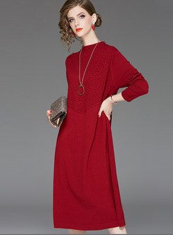 Red O-neck Long Sleeve Patchwork Shift Dress