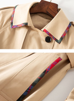 Fashion Lapel Color-blocked Patchwork Plaid Trench Coat